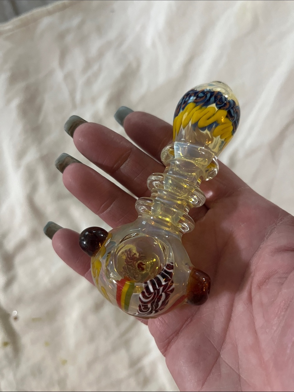 Hand-Blown Glass Spoon Piece  with Yellow & Multicolor Accents